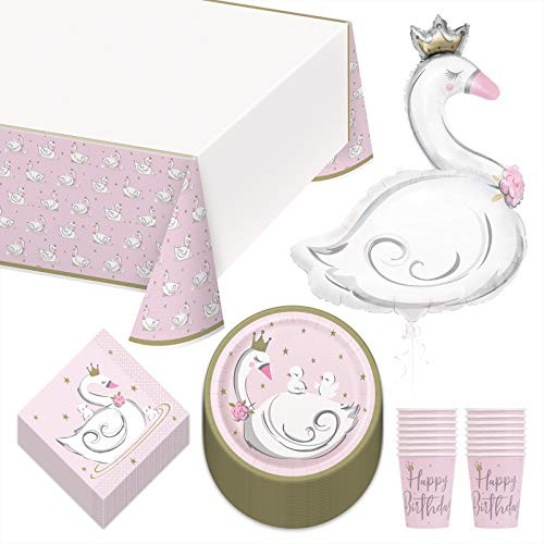 Swan Princess Happy Birthday Party Pack - Paper Dessert Plates Napkins Cups Table Cover and Giant Balloon Set -Serves 16- Swan Princess Happy Birthday Party Pack - Paper Dessert Plates Napkins Cups Table Cover and Giant Balloon Set -Serves 16-