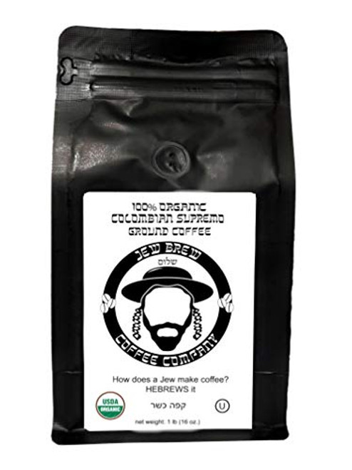 USDA Certified Organic OU Certified Kosher Colombian Supremo Dark Roast Ground Coffee 16 oz By Jew Brew Coffee Company USDA Certified Organic OU Certified Kosher Colombian Supremo Dark Roast Ground Coffee 16 oz By Jew Brew Coffee Company