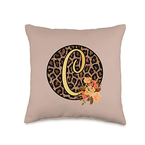 Leopard Animal Print Monogram Letter Gift Leopard Print Floral Monogram C Letter Initial Cheetah Women Throw Pillow 16x16 Multicolor