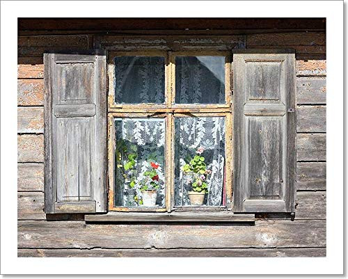 Barewalls Window an Old Wooden House with Shutters and Flowers Paper Print Wall Art -8in. x 10in.-