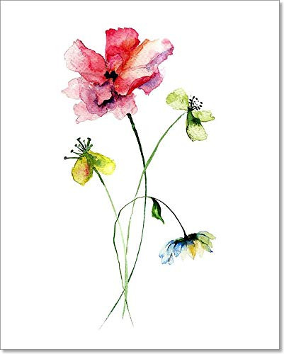 Wild Flowers Watercolor Illustration Paper Print Wall Art -10in. x 8in.-