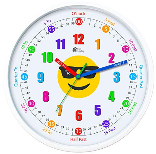 Wise Hedgehog Telling Time Teaching Clock 12 inch Silent Movement Analog Learning Clock for Kids Perfect Room  and  Wall Decor for Classrooms Playrooms and Kids Bedrooms