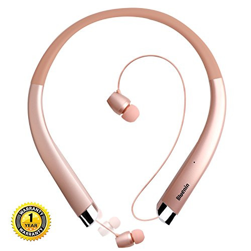 Bluetooth Headphones Bluenin Bluetooth V4.1 Neckband Retractable Earbuds Sweatproof Sport Wireless Headphones Stereo Noise Cancelling Headset with Mic (rose gold)