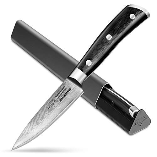 Damascus Paring Knife Fruit Knife Peeling Knife 3.5 Inch SKY LIGHT Full Japanese AUS10V High Carbon Stainless Steel-Gift Sheath-Gift Box Included