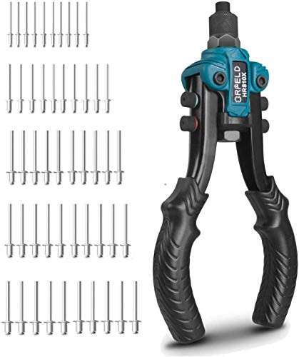 ORFELD Rivet Gun 11"Heavy Duty Hand Riveter Manual Riveter Set with 5 Tool-Free Interchangeable Heads 5 in 1 Rivet Gun Kit with 50 pcs Rivets Fathers Day Gifts for Dad