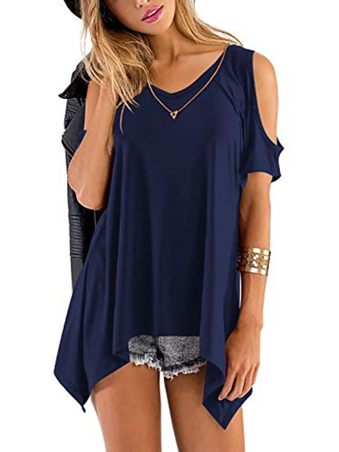Beluring Womens Cold Shoulder Tops Short Sleeve V Neck Tunic Summer Shirts -M Navy- Beluring Womens Cold Shoulder Tops Short Sleeve V Neck Tunic Summer Shirts -M Navy-