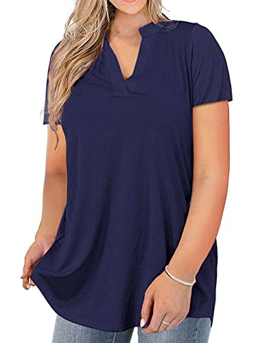 AMCLOS Womens Plus Size Solid Tunic Summer Tops V Neck Blouse Shirts Short Sleeve-Navy Blue 3XL-