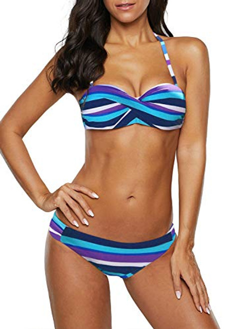 Blibea Women's Stripes Push Up Bikini Sets Halter Swimsuits Bandeau Bathing Suits Two Piece Swimwear Medium Sky Blue
