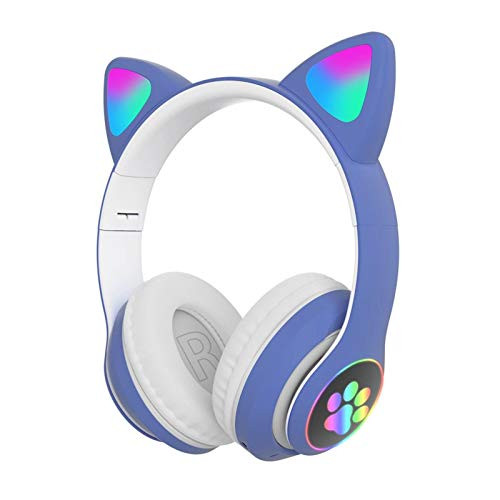 Wireless Gaming Headset Over Ear Cat Ear Headphones Kids Adult Foldable Headphones LED Stereo Volume Control Headset for PC Tablet FM Radio Gift Buetooth 5.0 HiFi Music-Blue-