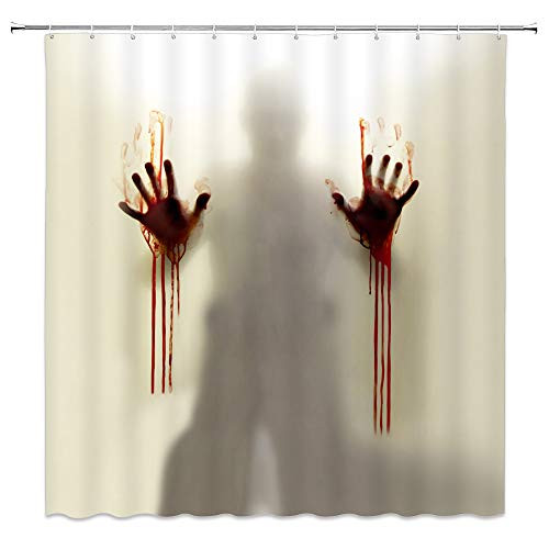 WZFashion Horror Bloody Hands Shower Curtain Help Me Halloween Weird Silhouette Shadow Scary Ghost Horror House Halloween Decor Fabric Bathroom Curtain with Hook