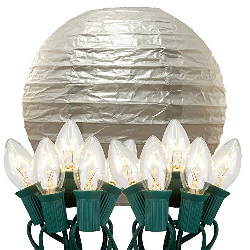 Lumabase 24810 10 Count Electric String Lights with Paper Lanterns, 10", Silver