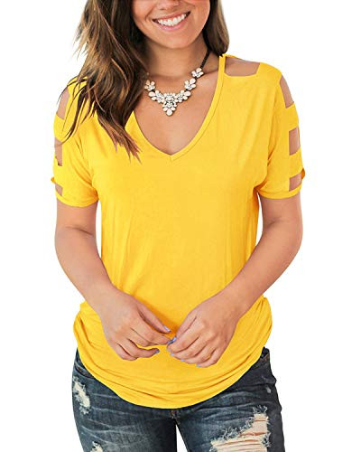Jescakoo Women's T Shirts Solid Color Deep V Neck Tops Loose fit Blouses Yellow L