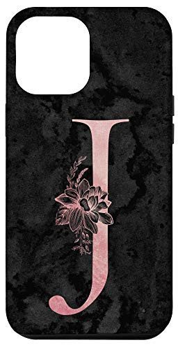 iPhone 12 Pro Max Letter J Monogram Initial Pink Rose on Black Grunge Design Case