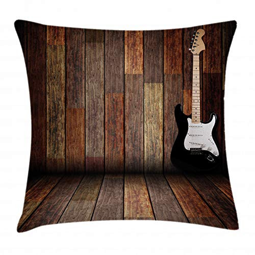 Ambesonne Popstar Party Throw Pillow Cushion Cover Electric Guitar in The Wooden Room Country House Interior Music Theme Decorative Square Accent Pillow Case 16" X 16" White Yellow