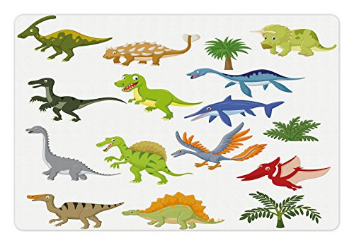 Lunarable Dinosaur Pet Mat for Food and Water Cartoon Dinosaur Images with Other Elements from Jurassic Fauna Creatures Rectangle Non-Slip Rubber Mat for Dogs and Cats Multicolor
