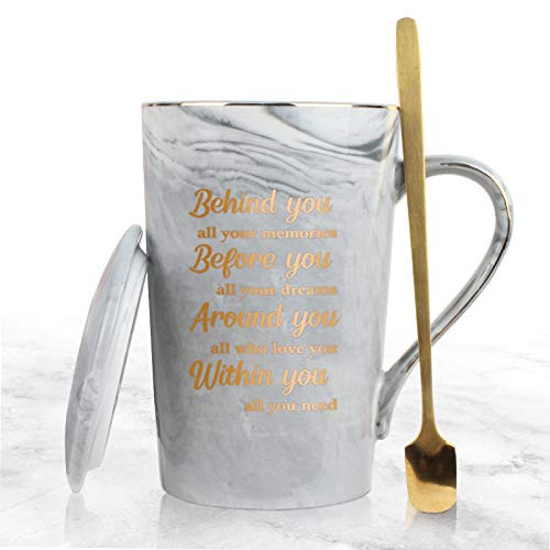WHATCHA Behind You All Your Memories Coffee Mug Tea Cup - Inspirational Graduation Gifts for Him Men - 14oz Gold Grey Ceramic