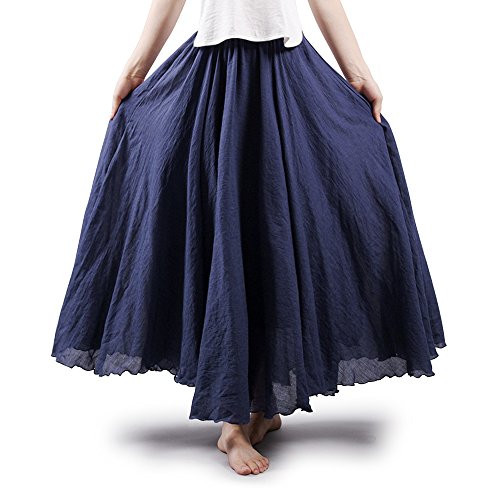 Aeslech Women's Bohemian Style Elastic Waist Band Cotton Linen Floor Length Maxi Skirt Navy Blue 95cm