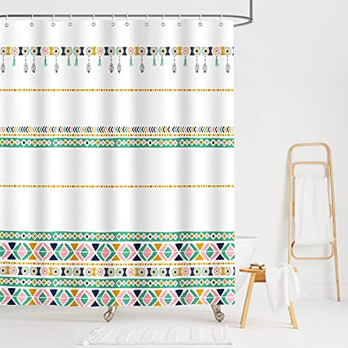 Bonhause Boho Geometric Shower Curtain with 12 Hooks Colorful Striped Decorative Bath Curtain 72 x 72 Inch Polyester Fabric Machine Washable Waterproof Bathroom Curtain