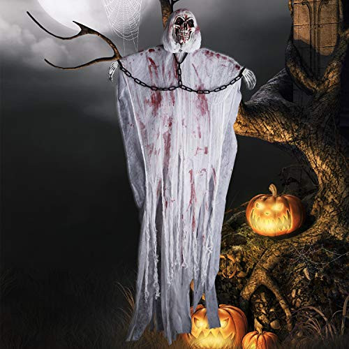 Kissdream 76 Life Size Hanging Grim Reaper Halloween Ghost for Best Halloween Indoor and Outdoor Decorations when you wake him up the white God of death white God of death with a sense device will wake him up with a bloody light in his eyes and a