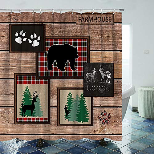 Bear Shower Curtain Country Farmhouse Bathroom Curtain Rustic Lodge Moose Deer and Bear Fabric Shower Curtain with Hooks Brown Wooden Board Bathroom Decoration Set 70x70Inches