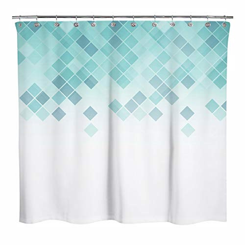Sunlit Design Grid Mosaic Shower Curtain Ombre Teal Geometric Fabric Shower Curtains for Bathroom Decor Contemporary Bathroom Curtains Teal