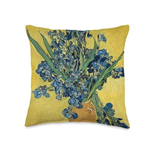 Vincent van Gogh Art Van Gogh Vase with Irises Against a Yellow Background Art Throw Pillow 16x16 Multicolor