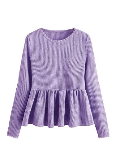Romwe Women's Long Sleeve Mock Neck Ruffle Hem Work Peplum Blouse Tops Lilac Purple L