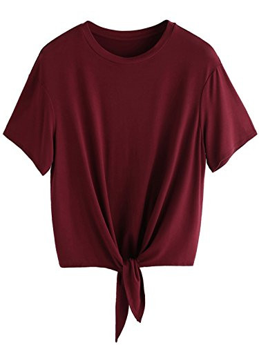 ROMWE Women's Short Sleeve Tie Front Knot Casual Loose Fit Tee T-Shirt Burgundy XL