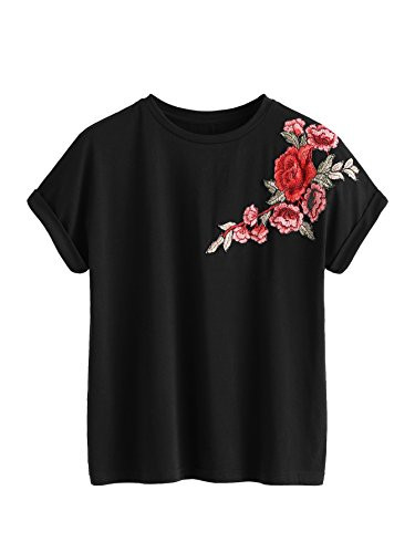 Romwe Women's Floral Embroidery Cuffed Short Sleeve Casual Tees T-Shirt Tops Black S