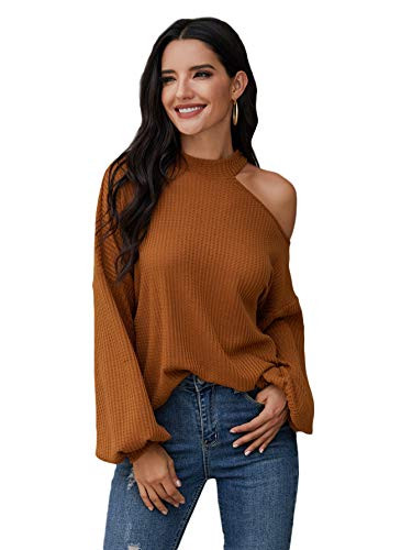 Romwe Women's Waffle Knit Tunic Tops Cold Shoulder Long Sleeve Loose Blouse Shirts Brown XL