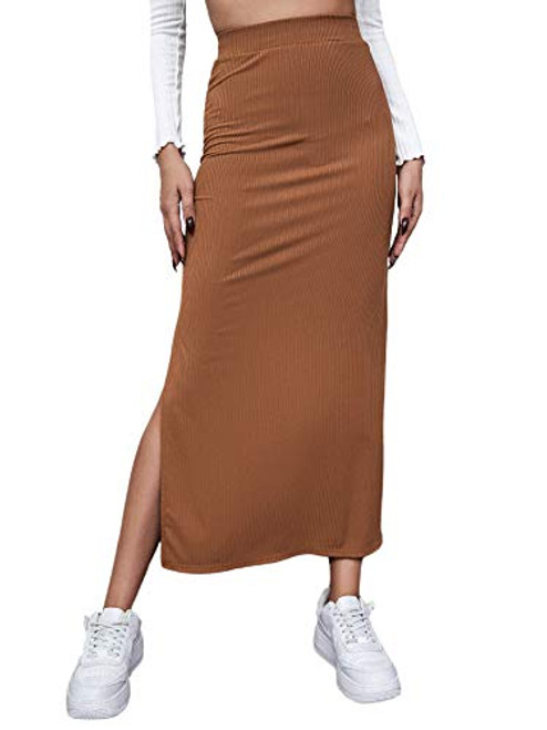 SheIn Women's High Waisted Split Thigh Rib Knit Long Maxi Bodycon Pencil Skirt Brown Small