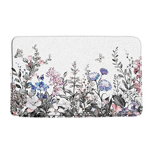 XZMAN Watercolor Floral Bath Mat Vintage Herbs Wildflowers Botanical Flowers Butterfly Spring Pink Gray Art Bathroom Rug DecorBedroom Kitchen Toilet RugSoft Memory Foam Non Slip Backing20x31 Inch