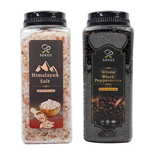 Soeos Himalayan Salt 38.8oz plus Whole Black Peppercorns 18oz. Coarse Grain Pink Salt NON-GMO Verified Kosher. Soeos Himalayan Salt 38.8oz plus Whole Black Peppercorns 18oz. Coarse Grain Pink Salt NON-GMO Verified Kosher.