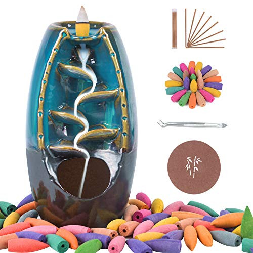 Soyo Backflow Incense Burner Waterfall Incense Holder with 120 Backflow Incense Cones  plus 30 Incense Sticks  plus 1 Tweezer Aromatherapy Ornamental for Home Office Yoga Blue