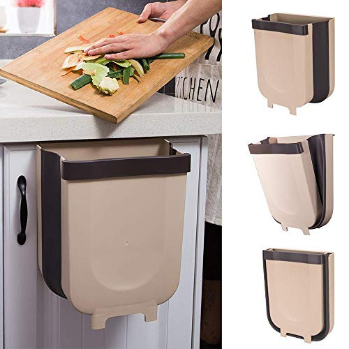 Small Hanging Trash Can for Kitchen Cabinet Door Collapsible Trash Bin Mini Compact Garbage Can Attached to Cabinet Door Kitchen Drawer Bedroom Dorm Room Car Waste Bin - 9L-2.4 Gallon -Brown- Small Hanging Trash Can for Kitchen Cabinet Door Collapsible Trash Bin Mini Compact Garbage Can Attached to Cabinet Door Kitchen Drawer Bedroom Dorm Room Car Waste Bin - 9L-2.4 Gallon -Brown-