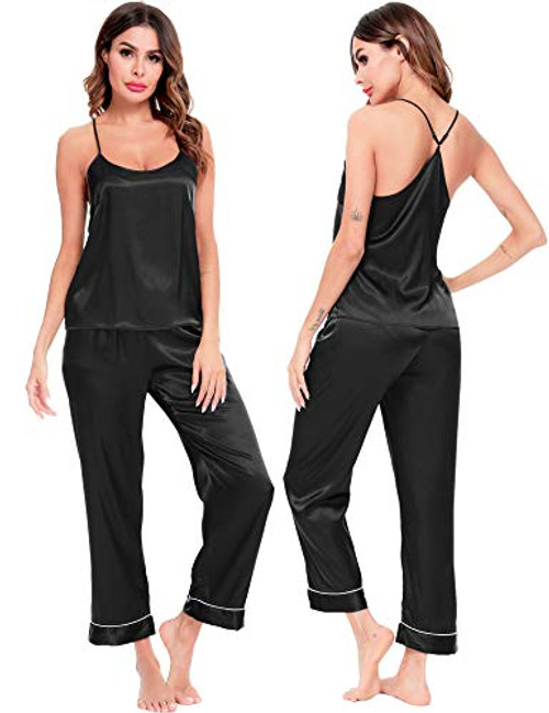 SWOMOG Women's Satin Pajama Set Silk Sleepwear Cami Nightwear Sexy Lingerie 2 Piece Top and Pants Pj Set Black SWOMOG Women's Satin Pajama Set Silk Sleepwear Cami Nightwear Sexy Lingerie 2 Piece Top and Pants Pj Set Black