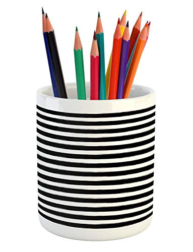 Lunarable Striped Pencil Pen Holder Watercolor Style Brush Stroke Effect Horizontal Stripes Pattern Monochrome Design Ceramic Pencil Holder for Desk Office Accessory 3.6" X 3.2" Black White