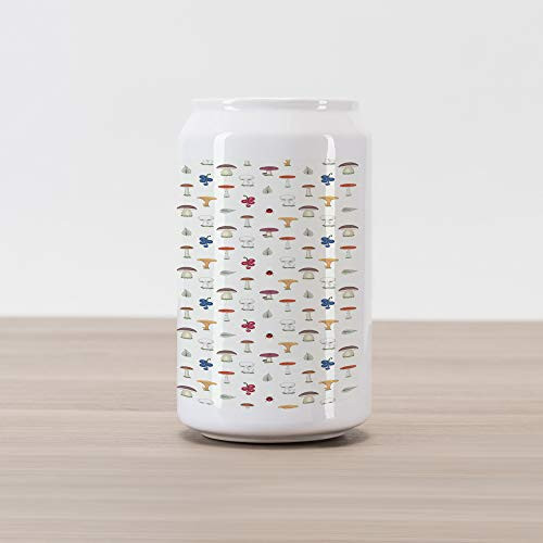 Ambesonne Mushroom Cola Can Shape Piggy Bank Chanterelles Button and Wild Fungus Repeating Pattern with Berries and Leaves Ceramic Cola Shaped Coin Box Money Bank for Cash Saving Multicolor