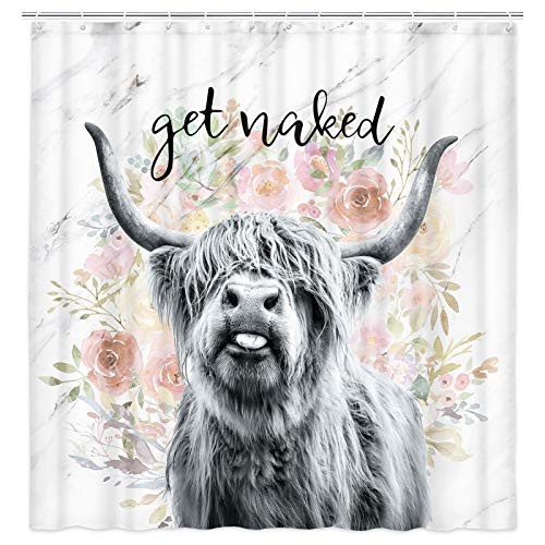 JAWO Get Naked Fabric Shower Curtain Farmhouse Highland Cow Bull Shower Curtain with Hooks Funny Cattle Bull Cow Floral on Marble Bathroom Curtain 69W X 70L Inch
