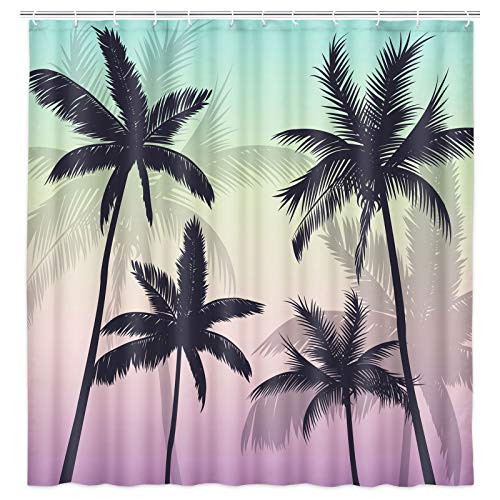 JAWO Ombre Shower Curtain Tropical Palm Tree Landscape Fabric Shower Curtain with Hooks Beach Coconut Tree Silhouette Bathroom Curtain 69W X 70L Inch Green and Purple Gradient