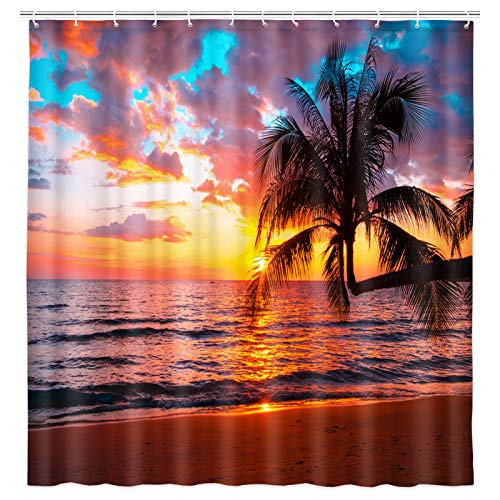 JAWO Tropical Ocean Shower Curtain Sunset on Tropical Sea Beach Fabric Shower Curtain with Hooks Silhouette of Palm Trees Bathroom Curtain 69W X 70L Inch
