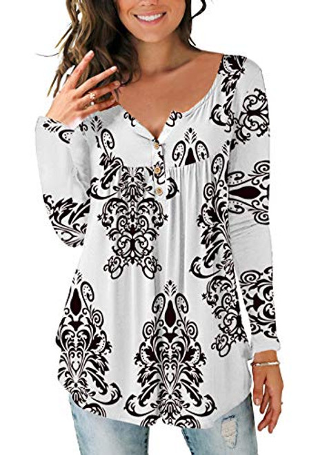 Ophestin Womens Long Sleeve Floral Tops Henley V Neck Loose Tunic Blouse Shirt White Size S Ophestin Womens Long Sleeve Floral Tops Henley V Neck Loose Tunic Blouse Shirt White Size S