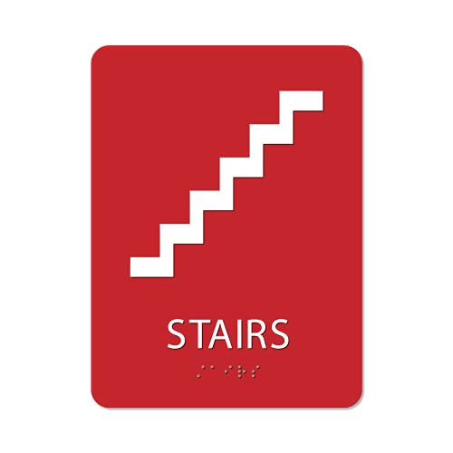 The Sign Studio - 8" x 6" - Red-White - ADA - Stairs with Pictorial Sign with Tactile  and  Braille