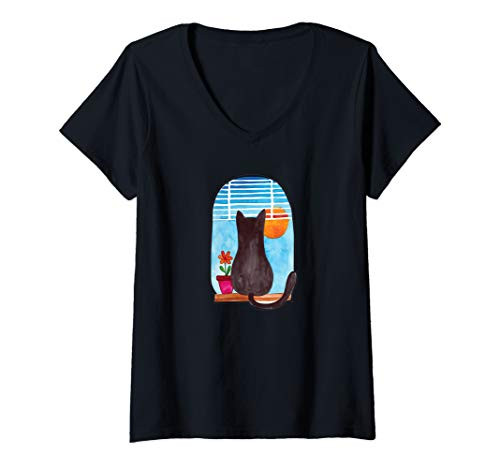 Womens Cat Looking Out Window V-Neck T-Shirt