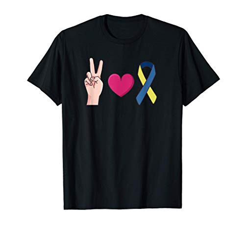 Peace Love Down Syndrome Blue Yellow Ribbon Awareness Meme T-Shirt