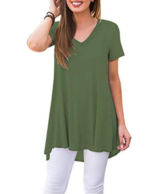 WNEEDU Women's Summer Casual Short Sleeve V-Neck T-Shirt Tunic Tops Blouse Shirts?Army GreenSmall?