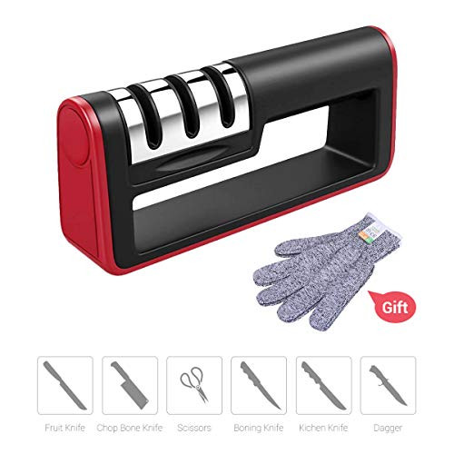 Knife Sharpener Stone Kit - 3-Stage Sharpening System Diamond Coated Kitchen Tool Quickly Repair Dull Knife Restore Polish Blades with Level-5 Cut-Resistant Glove