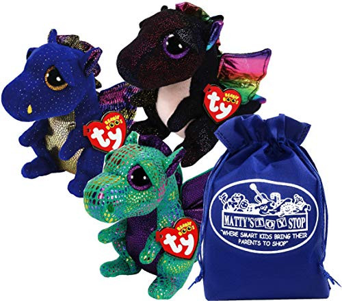 Ty Beanie Boos "Dragons Saffire (Blue Dragon), Cinder (Green Dragon) & Anora (Black Dragon) Gift Set Bundle with Bonus Matty's Toy Stop Storage Bag - 3 Pack Ty Beanie Boos "Dragons Saffire (Blue Dragon), Cinder (Green Dragon) & Anora (Black Dragon) Gift Set Bundle with Bonus Matty's Toy Stop Storage Bag - 3 Pack