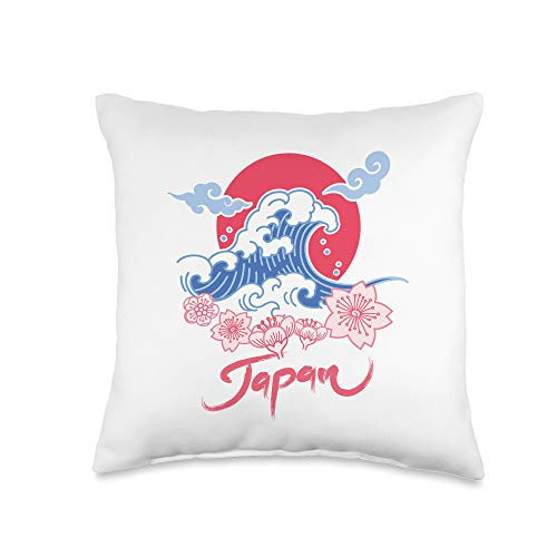 Japan Travel Souvenirs Japanese Culture Tees Japanese Wave Sakura Cherry Blossoms Retro Vintage 60s Throw Pillow 16x16 Multicolor