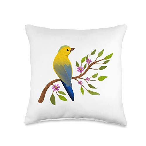 Abstract Art Decor Gifts Yellow Blue Bird On A Branch Art Print Decor Gift Throw Pillow 16x16 Multicolor
